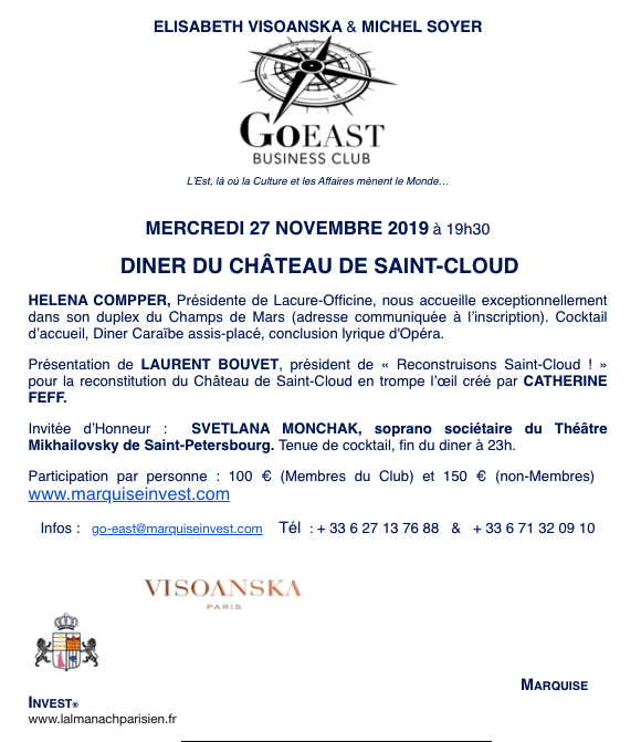 Invitation. GoEast Business Club. Dîner du Château de Saint-Cloud. 2019-11-27